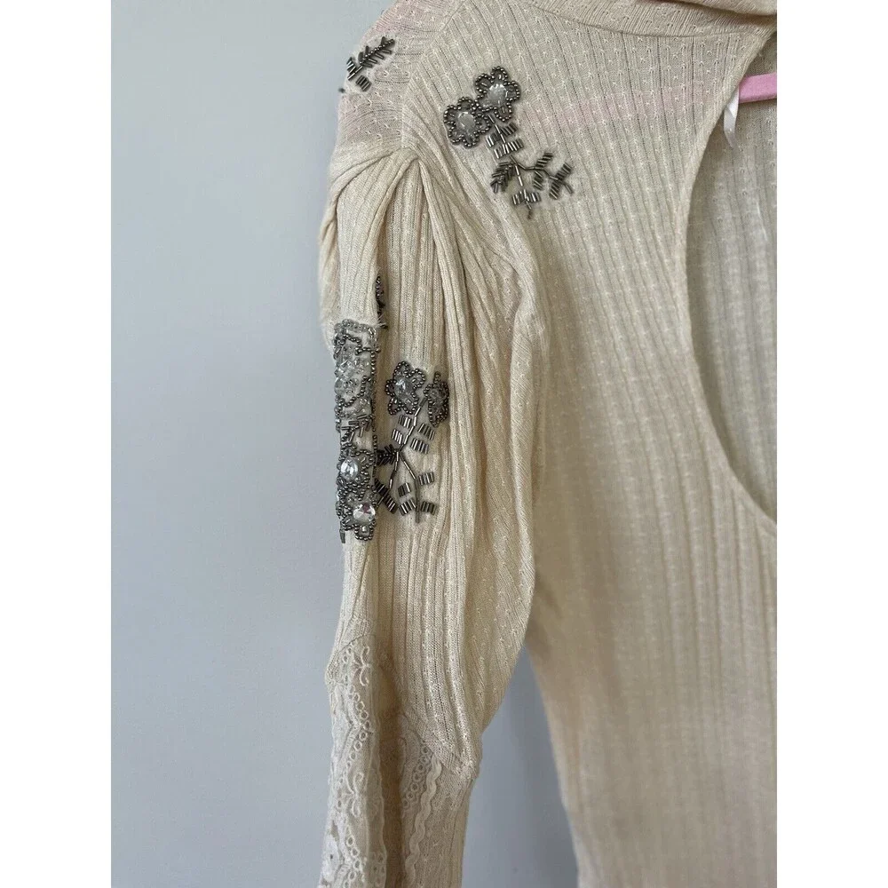 Free People Top Ivory High Maintenance Ballet Blouse Preppy Boho Jewel Sz M New